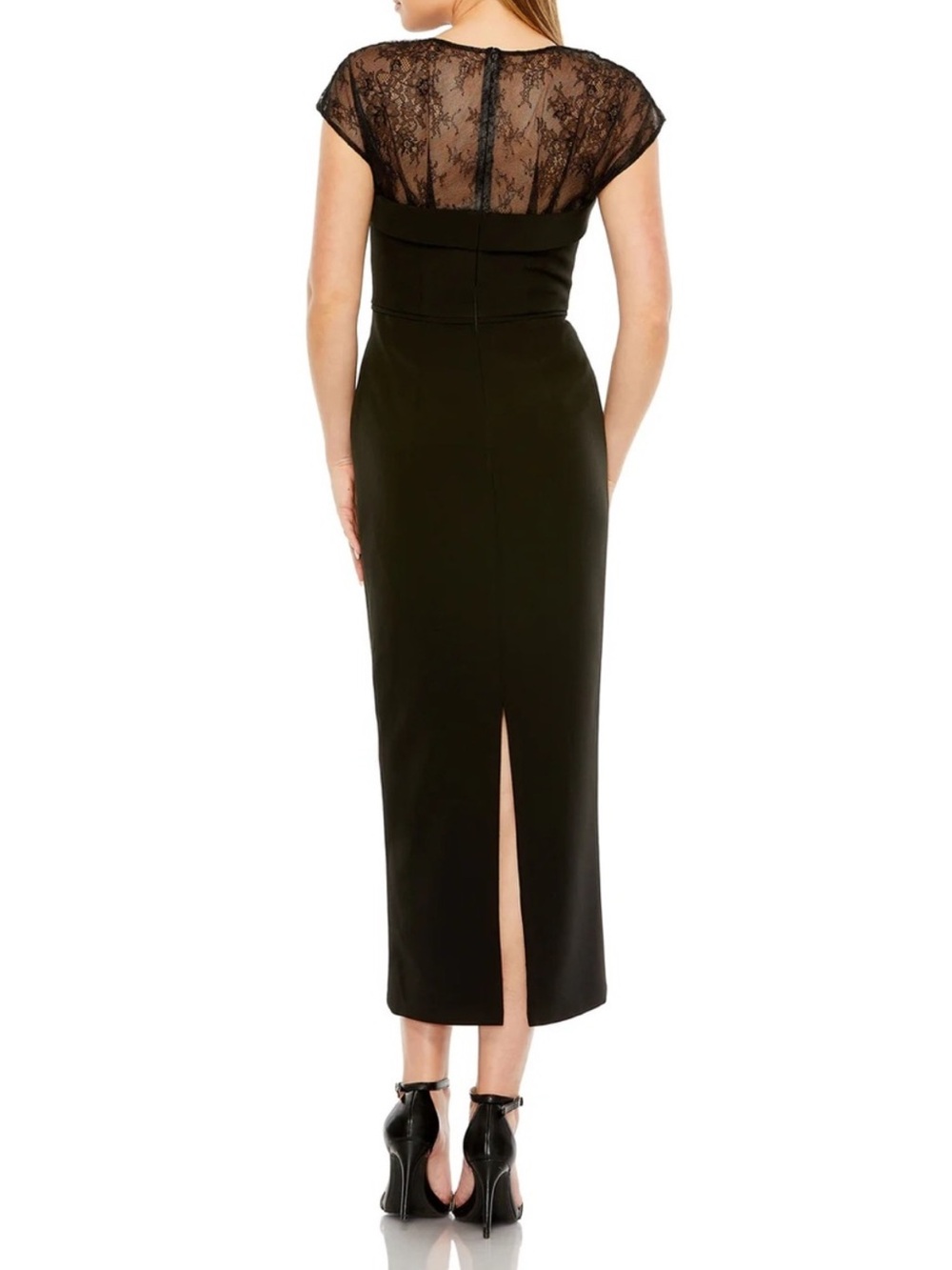 Mac Duggal Black Sheer Lace Illusion Crepe Cap Sleeve Midi Cocktail Dress - Picture 3 of 17
